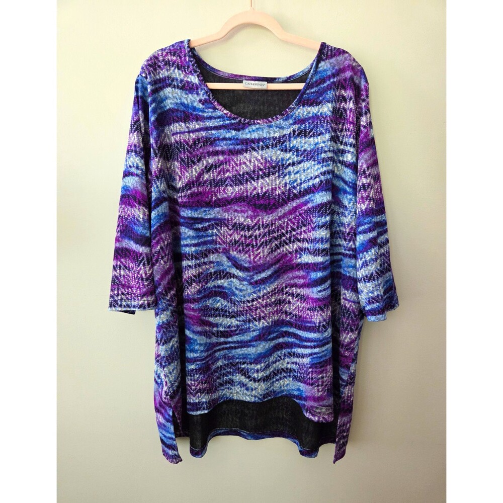 Catherines Women's Blouse 3X Purple Blue Black Abstract 3/4 Sleeve High Low Hem